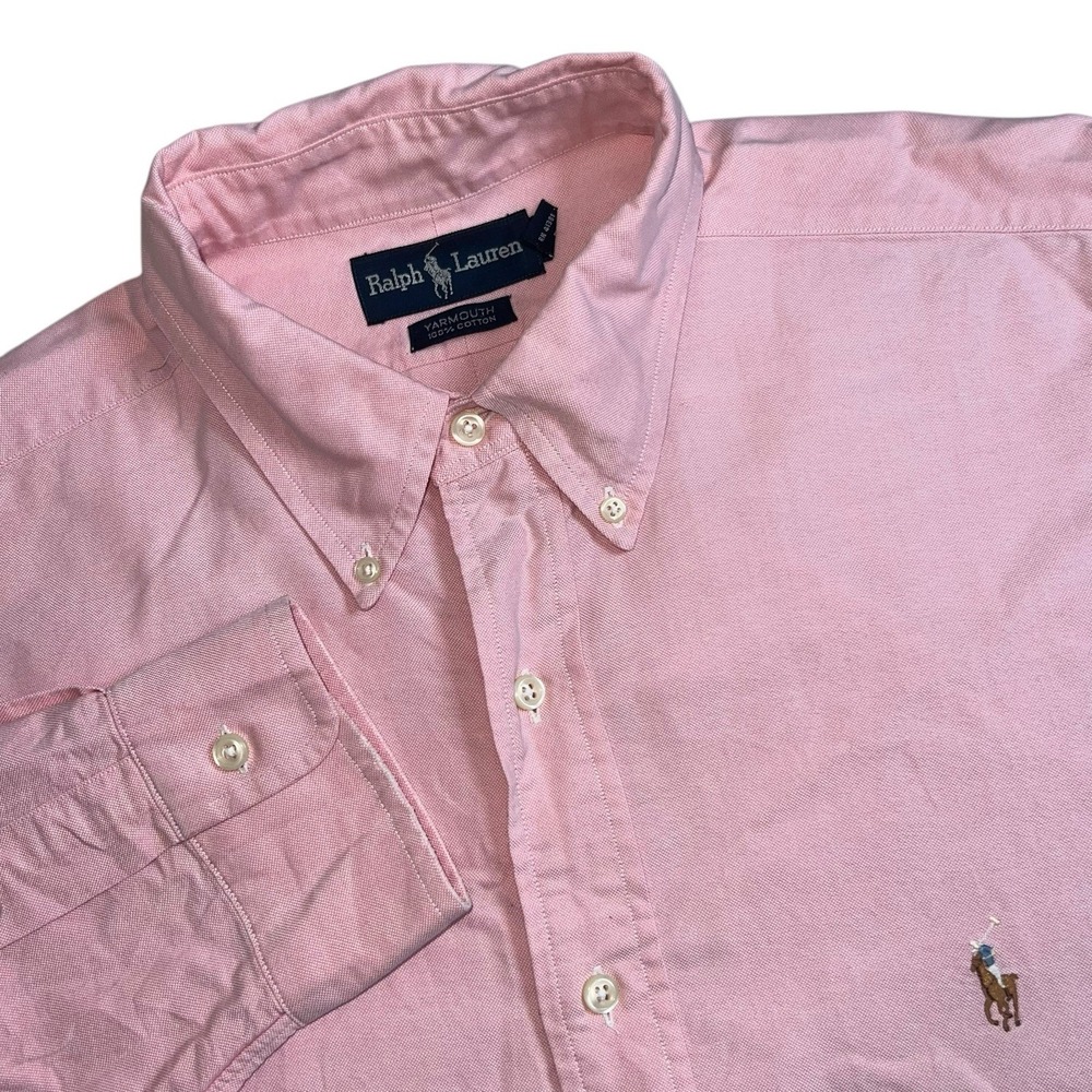 Ralph Lauren Mens Neck 17 Solid Pink Yarmouth Long Sleeve Button Down Shirt READ
